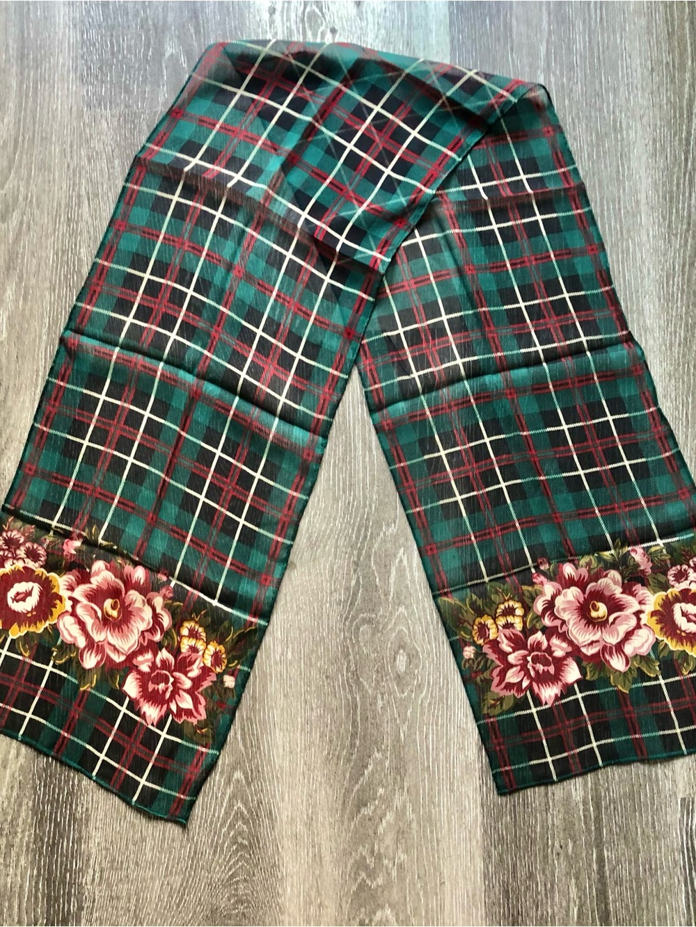 Silk Plaid Floral Scarf